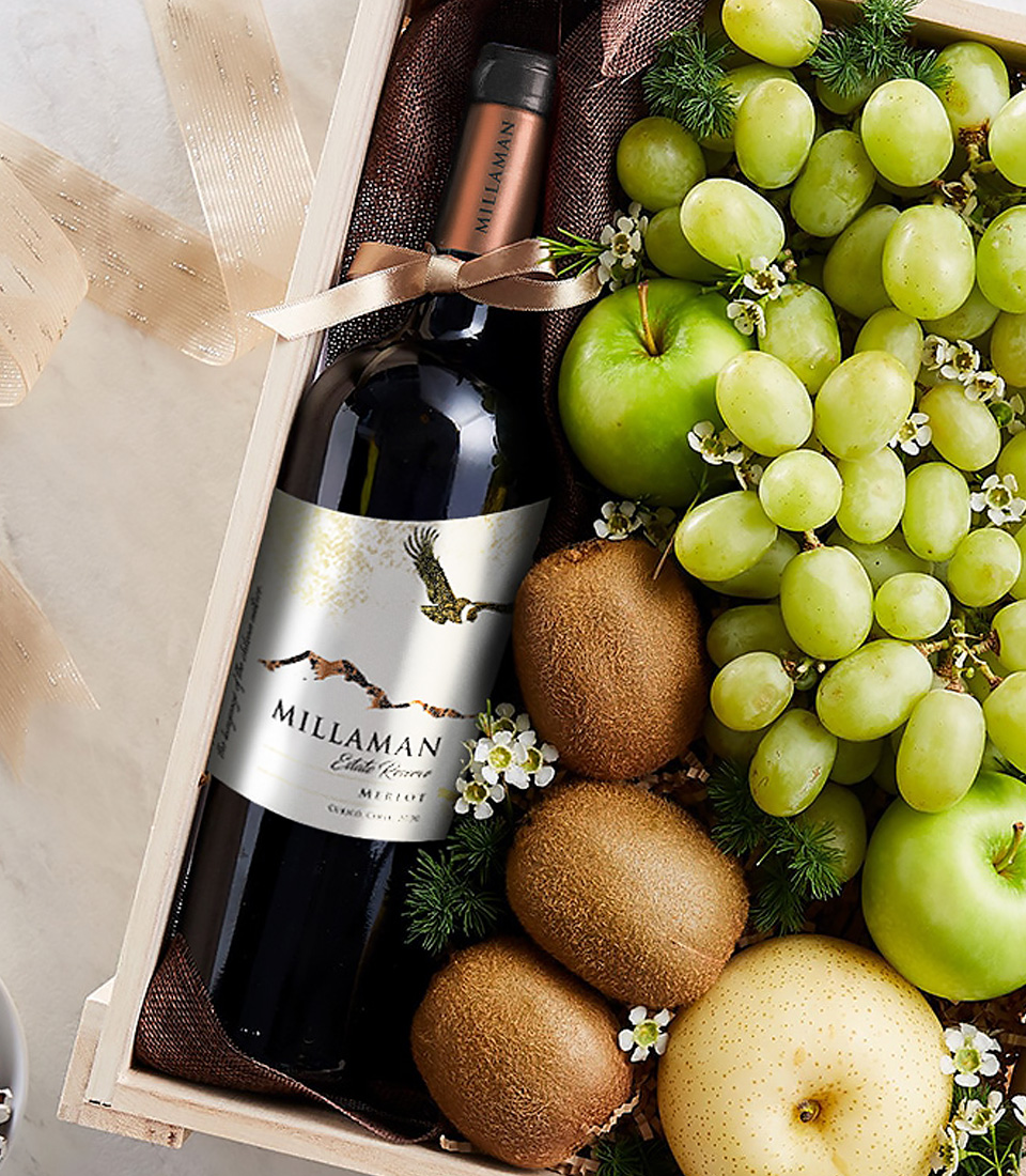 Premium gift box with Millaman Merlot wine, green grapes, green apples, kiwi, and Asian pear