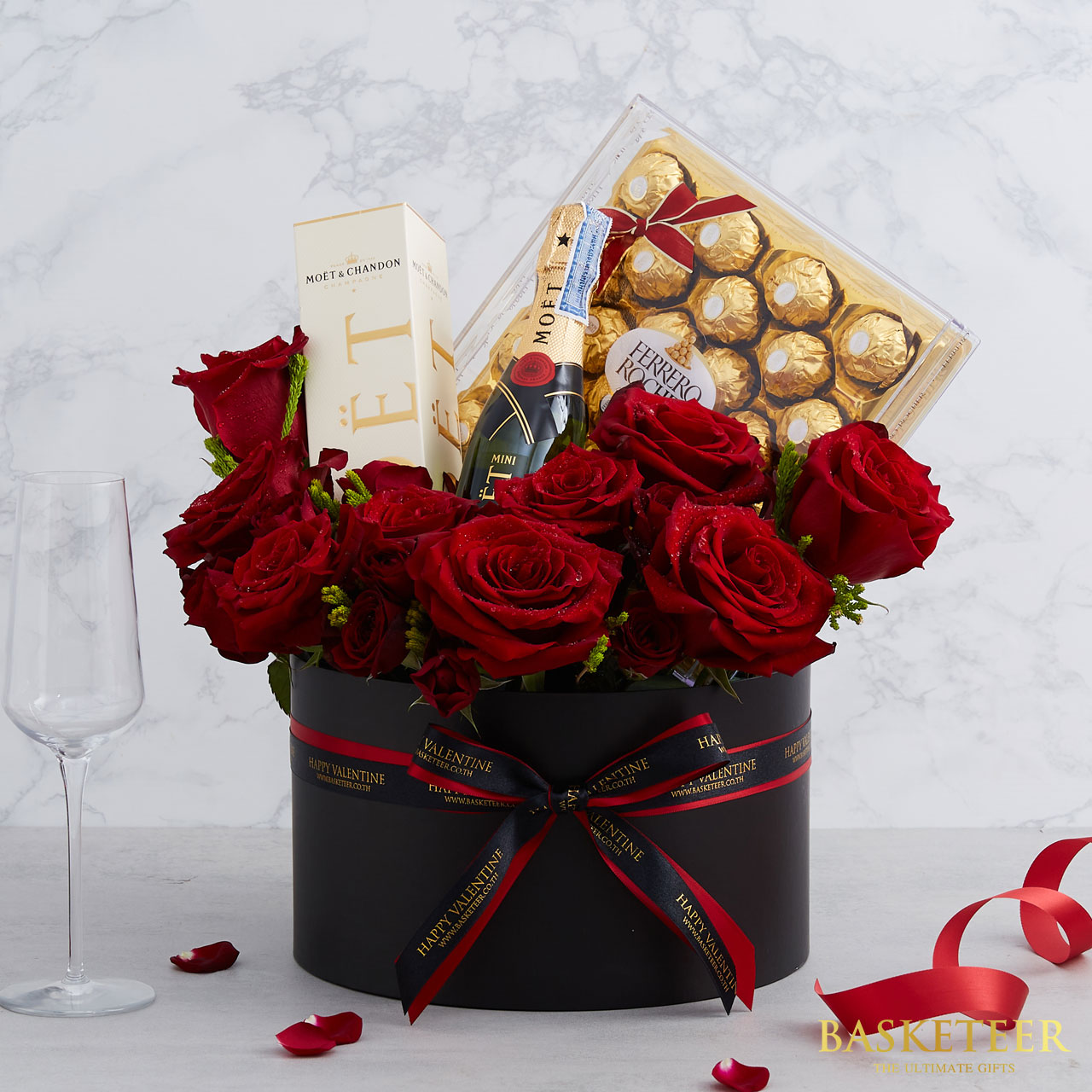 Champagne & Ferrero Rocher With Red Roses Gift Box