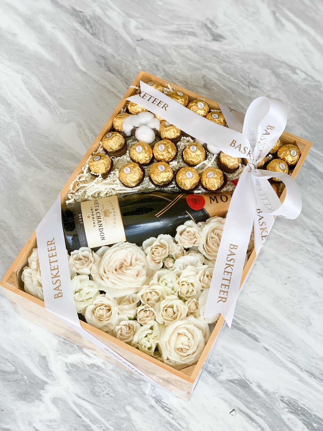 Wine With Ferrero Gold Chocolate and White Flowers Gift In The Wood Box
