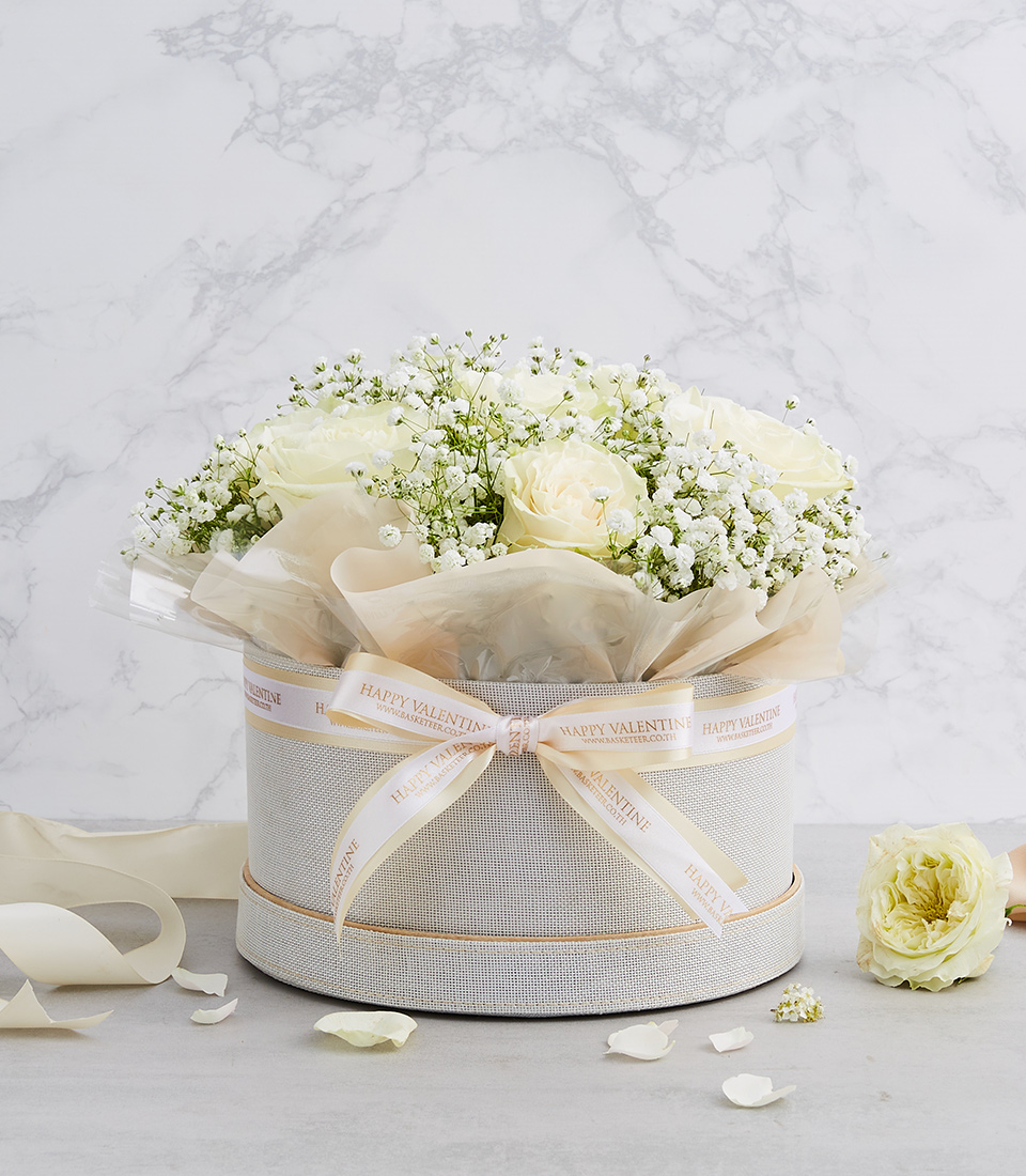 White Roses In The White Box With Cream a Bow
