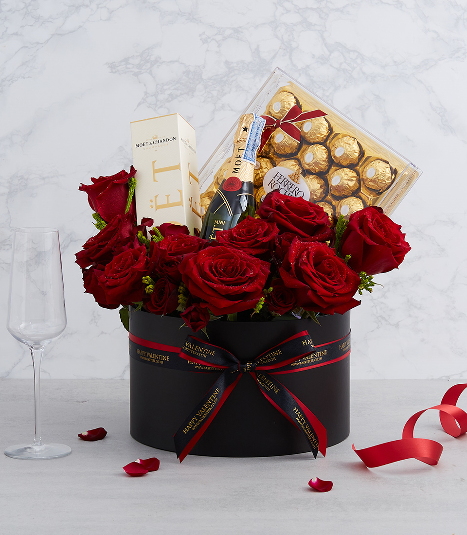 Elevate your celebrations with our Champagne & Ferrero Roses Gift. This luxurious gift set features a bottle of champagne paired with exquisite Ferrero Rocher chocolates and stunning roses. Perfect for anniversaries, birthdays, or any special occasion. Order now and add a touch of elegance to your festivities.