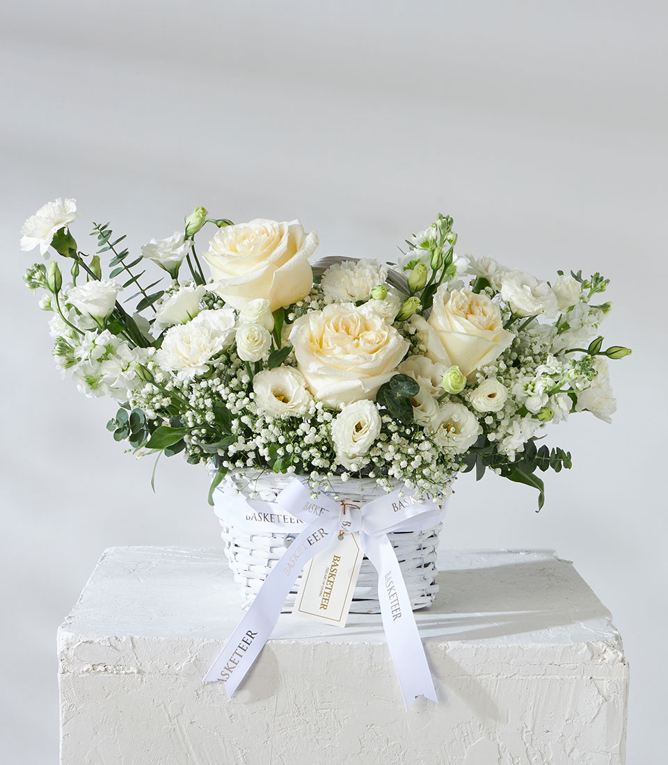 White and ivory rose flower basket Bangkok | Elegant floral gift | Flowers by Basketeer Bangkok florist