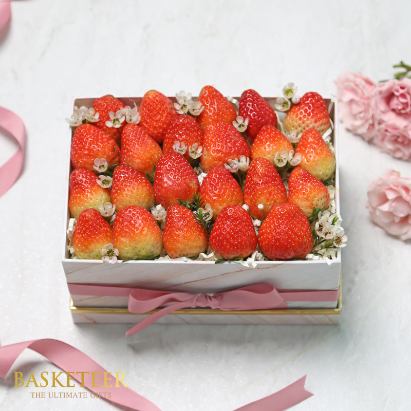 Strawberries In The White Box With Light Orange Pattern With a Bow.