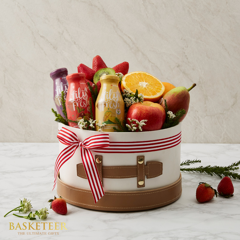 Mixed Fruits and Healthy Drink Gift In The White Box With Brown Lid