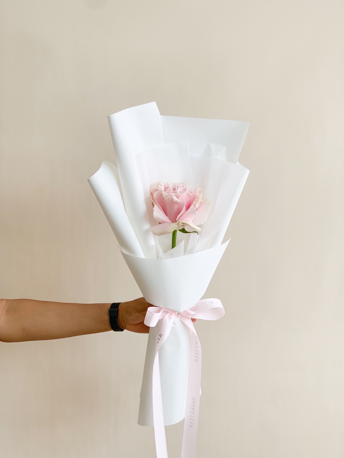 Single pink carnation bouquet wrapped in elegant white paper with pink ribbon, held by hand.