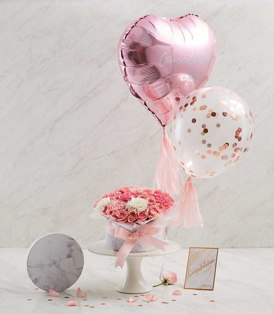 Heart Pink Balloons Sweet Flowers Combo Gift