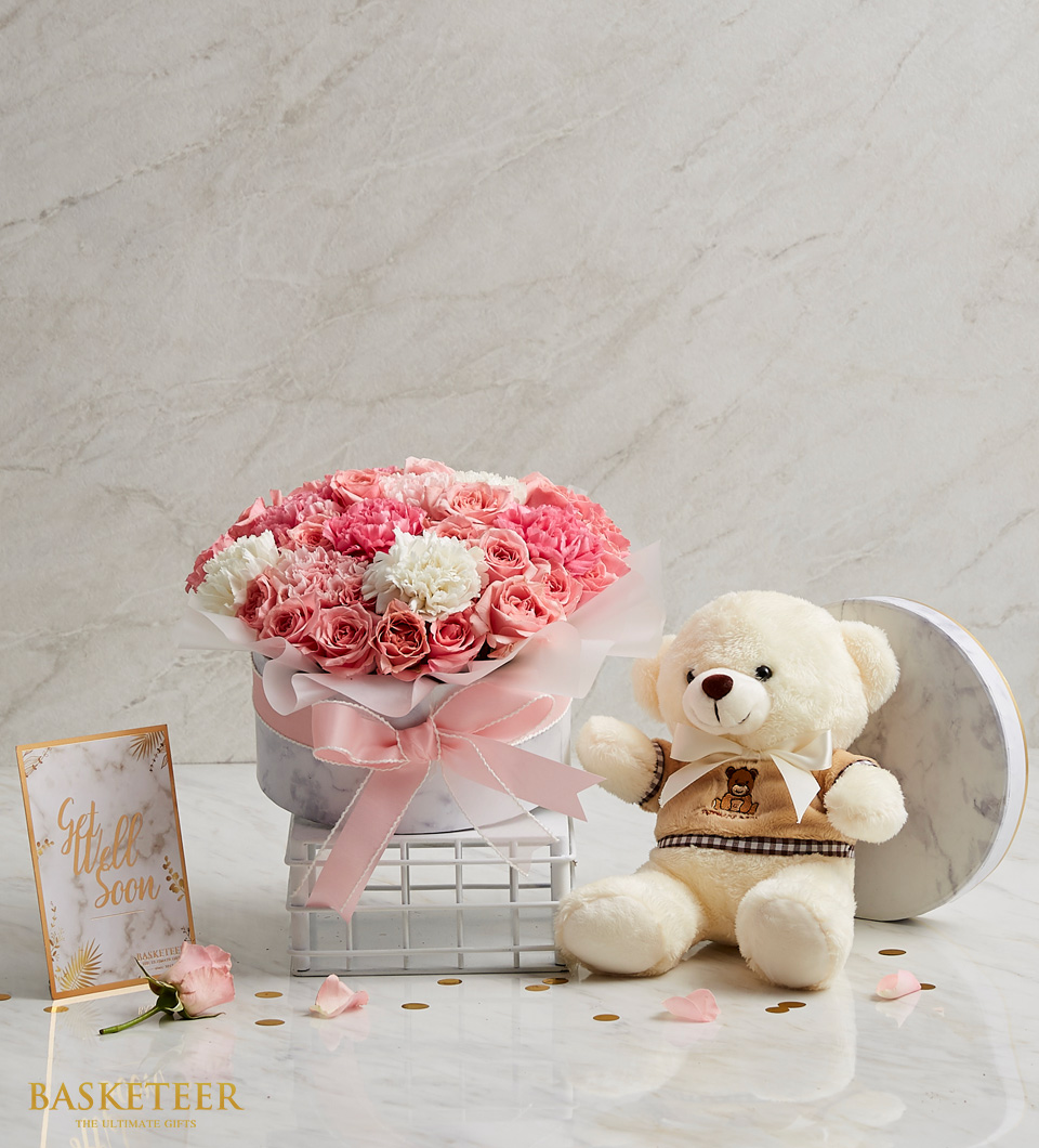 Flowers Gift Box & Teddy Bear
