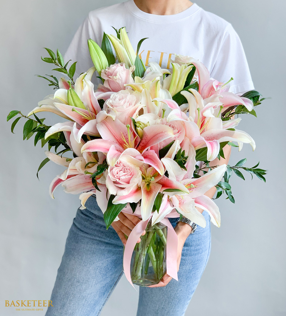Sweet Pink Lilies In Vase