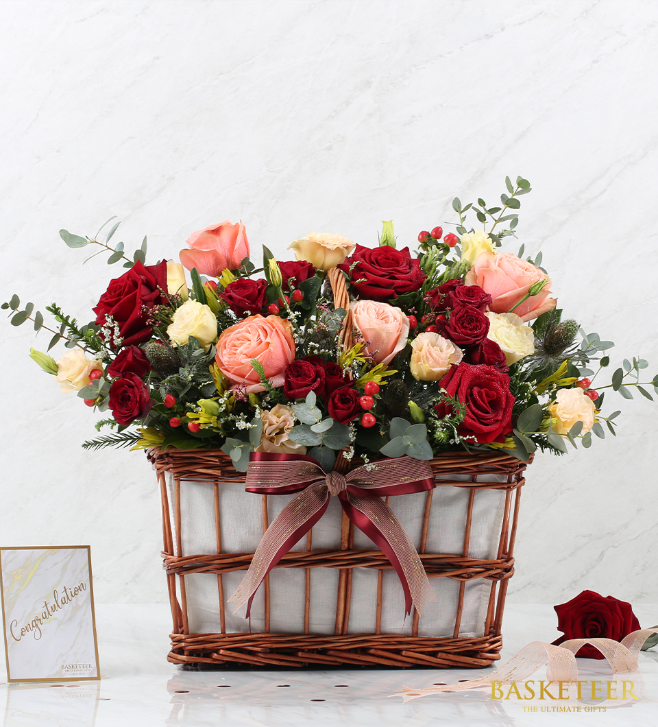 Graceful Roses Blooms In Basket
