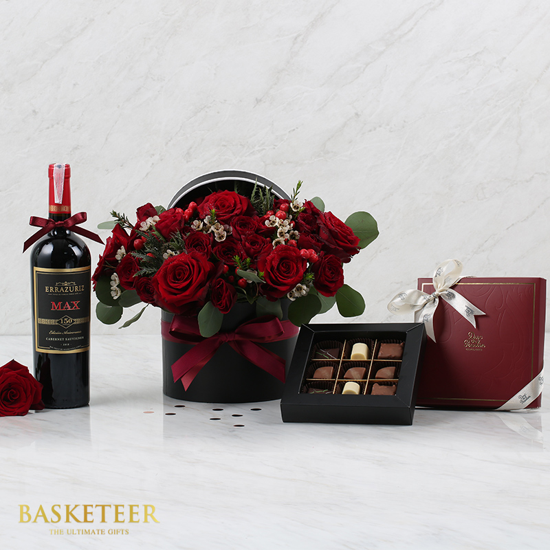Valentine's Day Wine With Red Explorer Rose In Black Box and Chocolate.