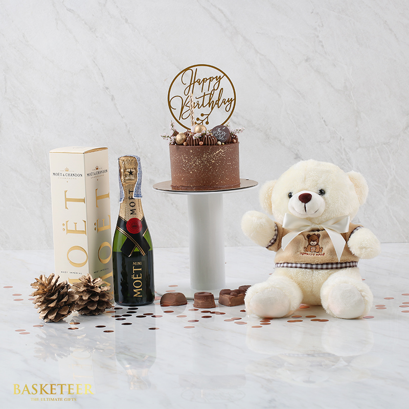 Sweet Moments Trio: Cake, Teddy, and Wine