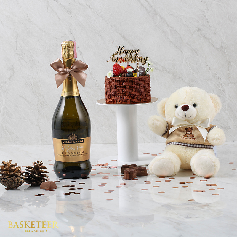 Prosecco Charm Trio: Bubbly Bliss with Teddy Embrace and Cake Delight