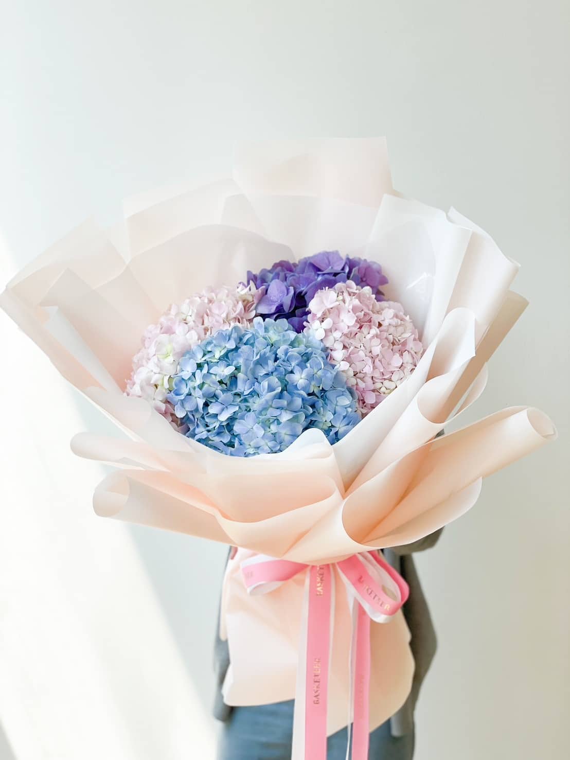A person holding a large bouquet of hydrangeas wrapped in white paper. The bouquet features various colors including pink, blue, and purple, and is tied with a pink ribbon. The background is simple and light, emphasizing the vibrant flowers.