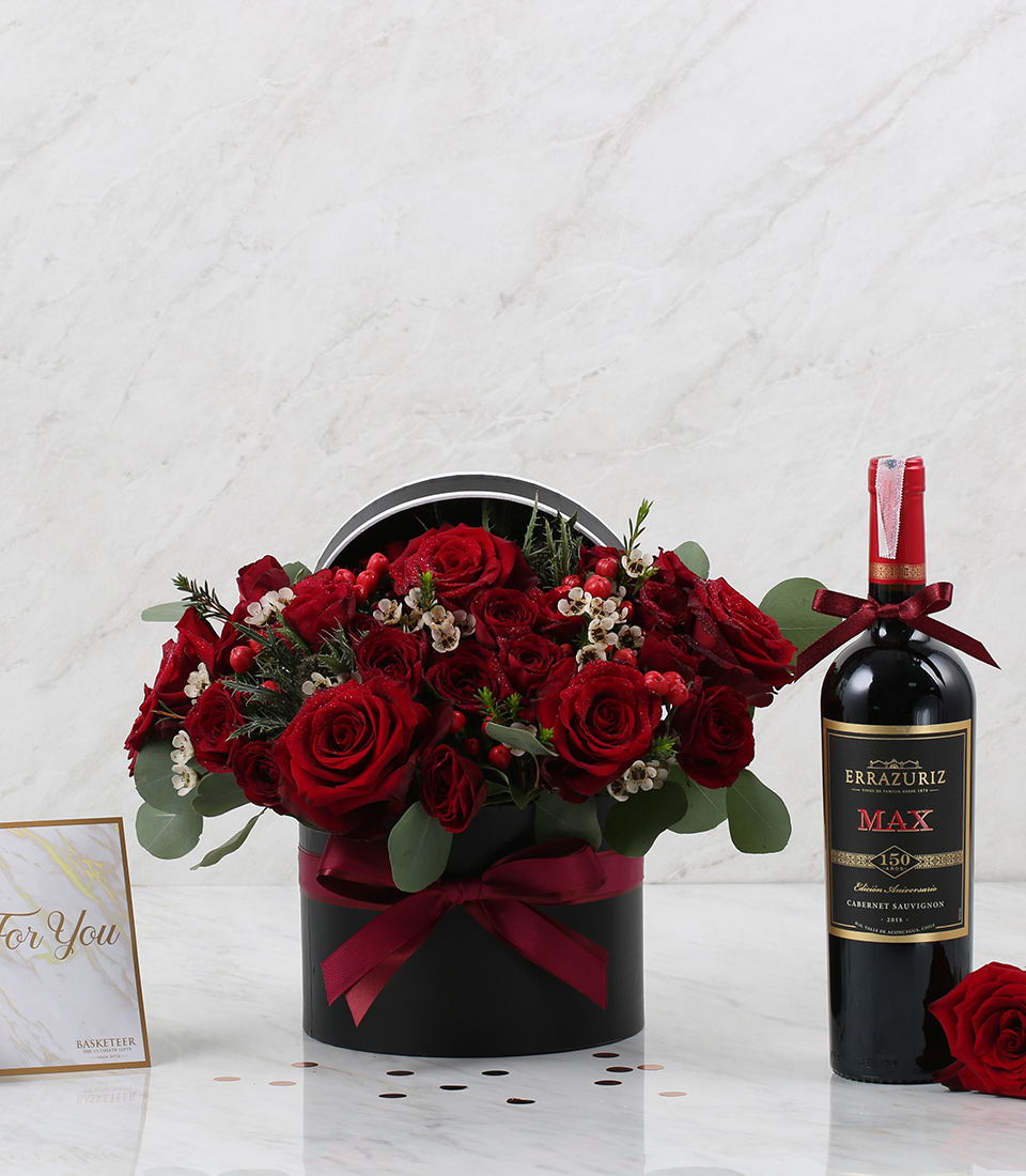 Valentine's Day Wine With Red Explorer Rose In Black Box