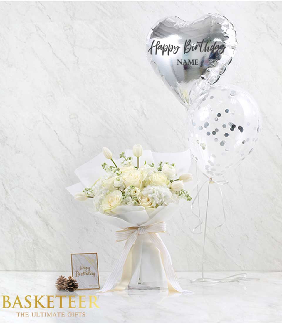 Discover sophistication with our Gray Balloon & White Bouquet Combo Set. Delightful gray balloons complemented by a pristine white bouquet. Perfect for adding elegance to any occasion!