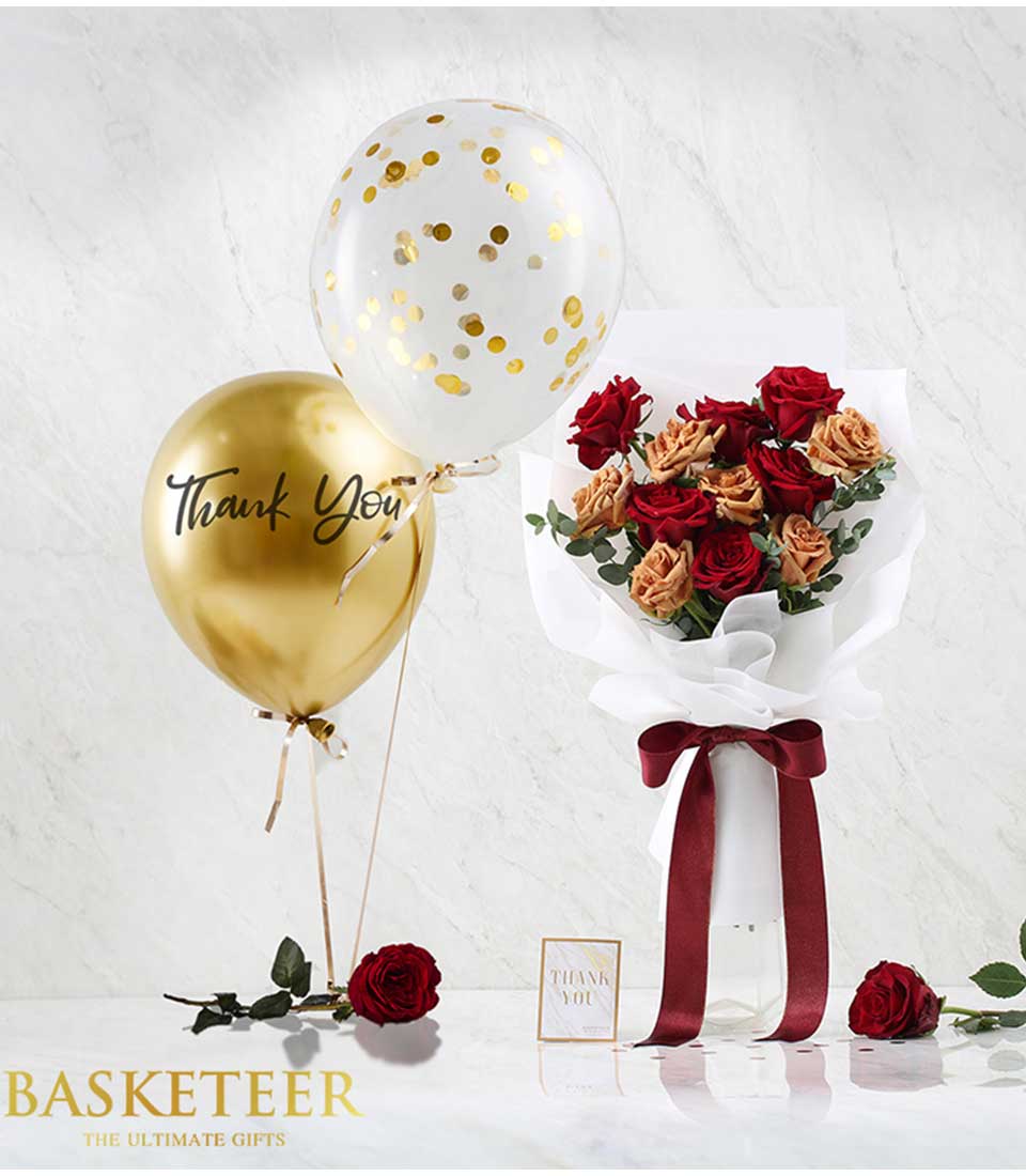 Discover luxury with our exquisite Red Toffee Bouquet and Gold Balloon Combo, perfect for any celebration.