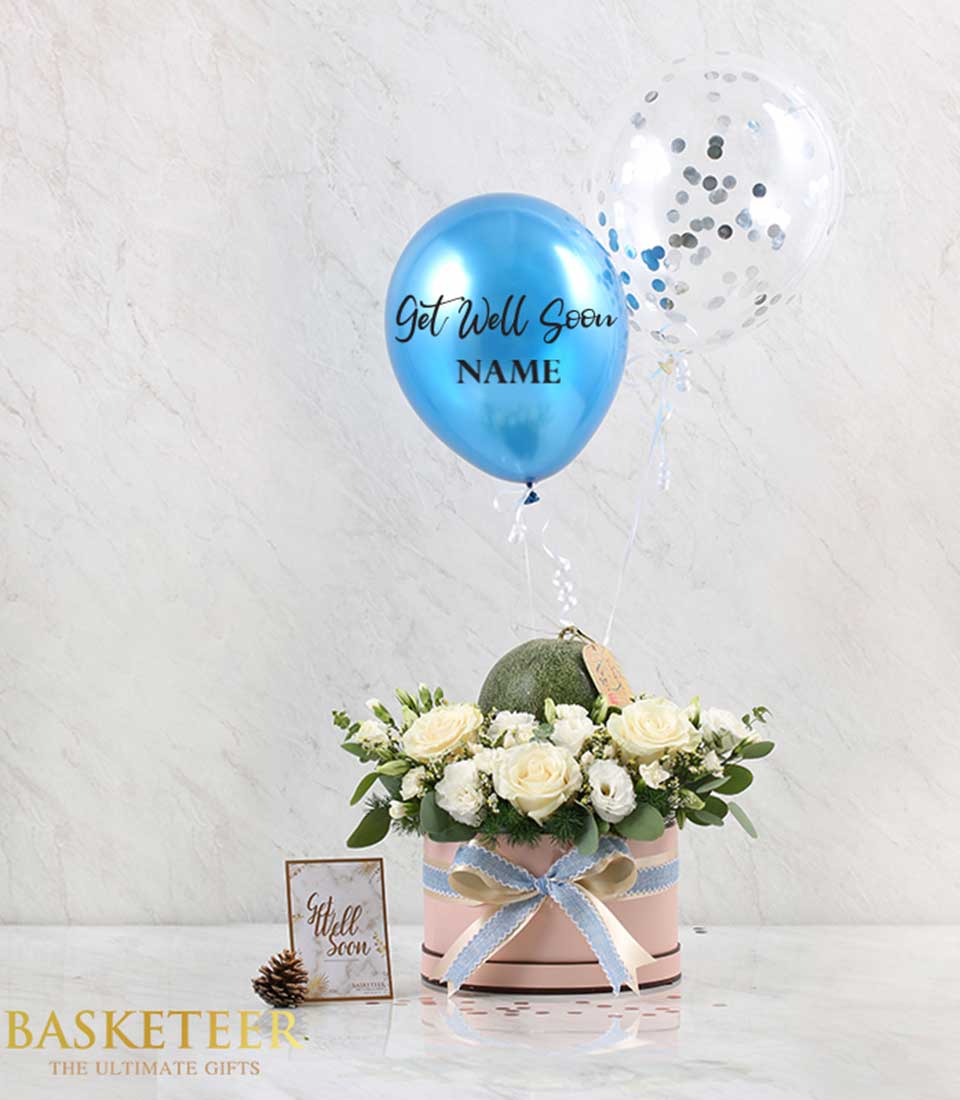 Discover the charm of our White Flower Melon Fruit Balloon Combo Gift, a delightful blend of elegance and freshness.