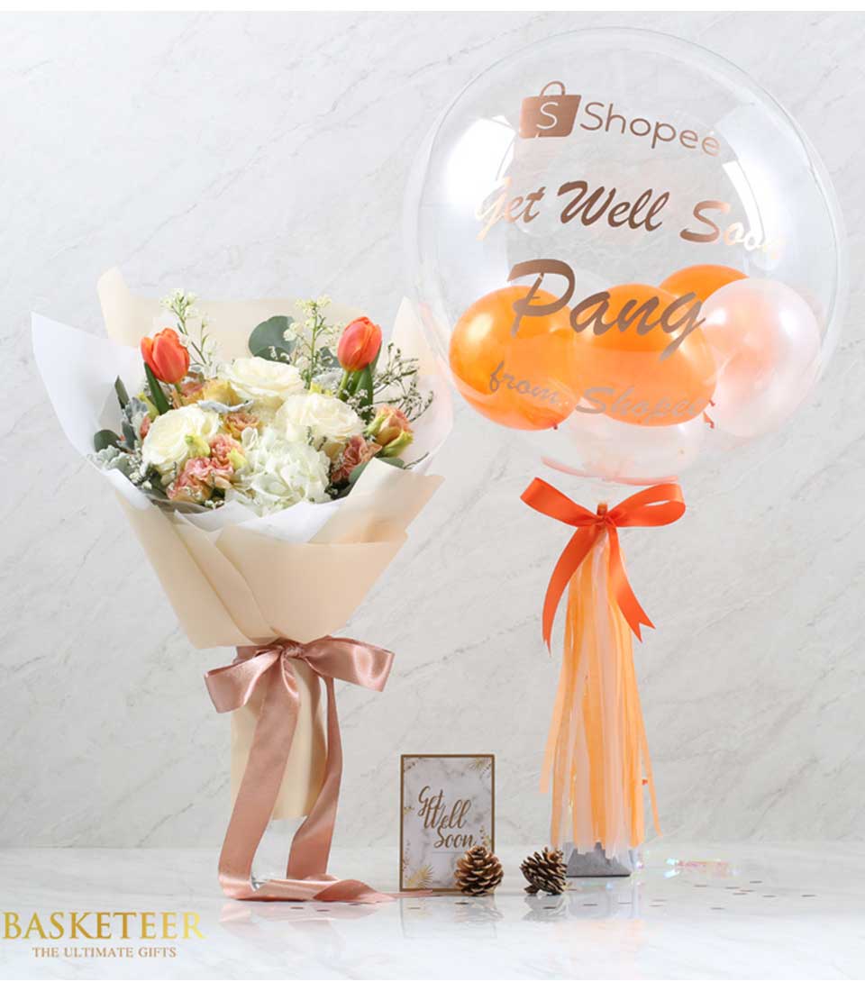 Discover our Orange Flowers Balloon Combo Gift, a stunning arrangement of vibrant blooms paired with cheerful balloons.