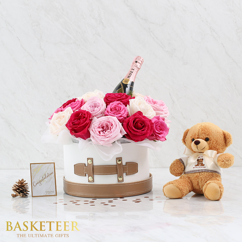 Combo Set(Flower Box, Champagne And Teddy Bear)