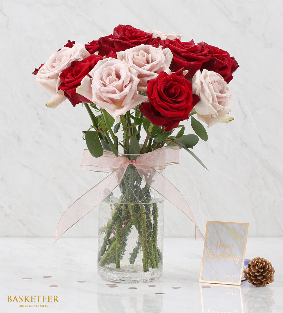 Valentine's Red Explorer Rose and Quicksand Rose In Vase