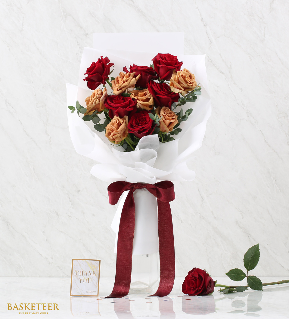Valentine's Red Explorer Rose and Toffee Roses Bouquet