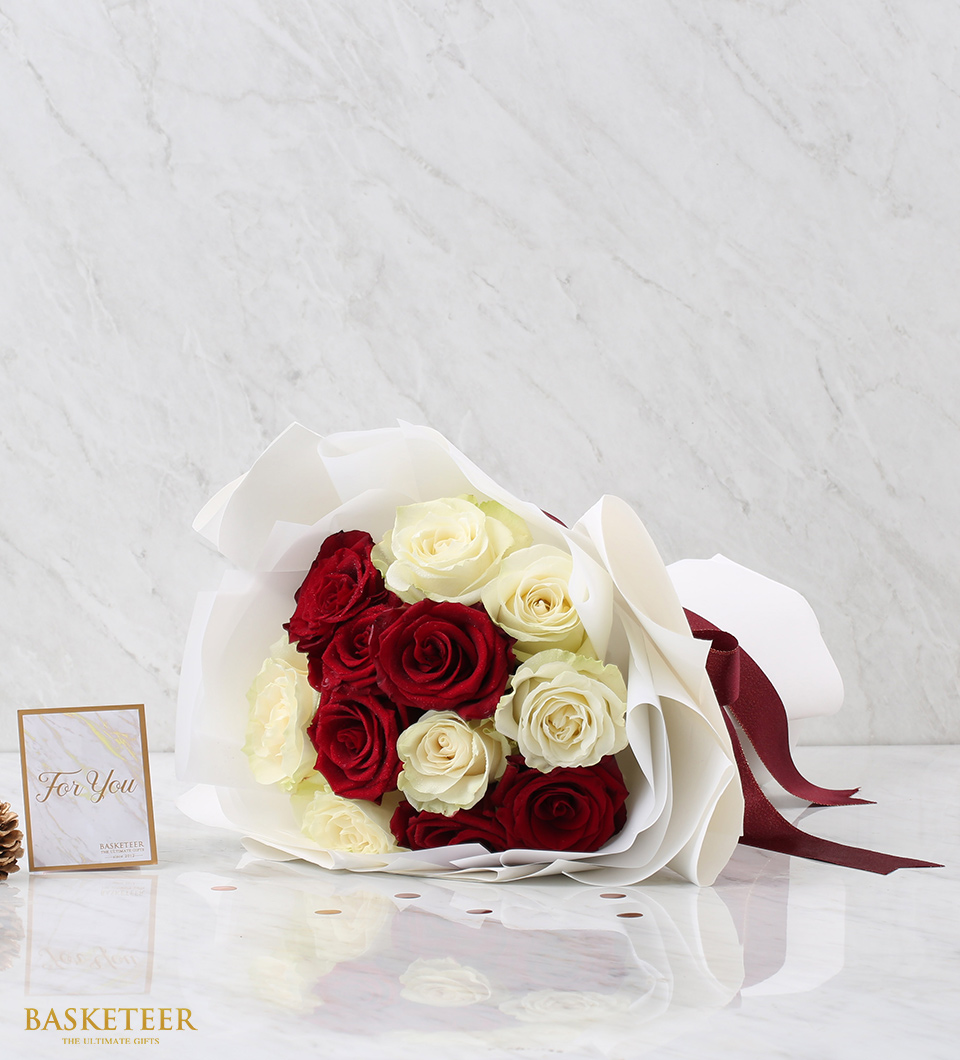 Valentine's White Mondial Roses and Red Explorer Roses Bouquet