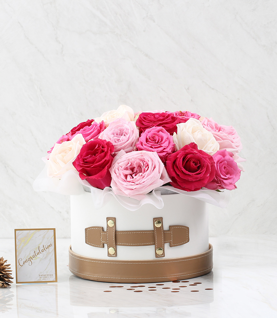 Hot Pink And Light Pink Roses In White Box Brown Lid