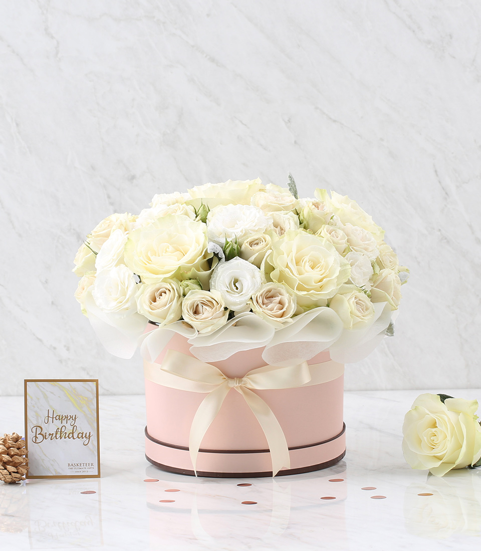 White Roses Gift In The Pink Box With Cream a Bow