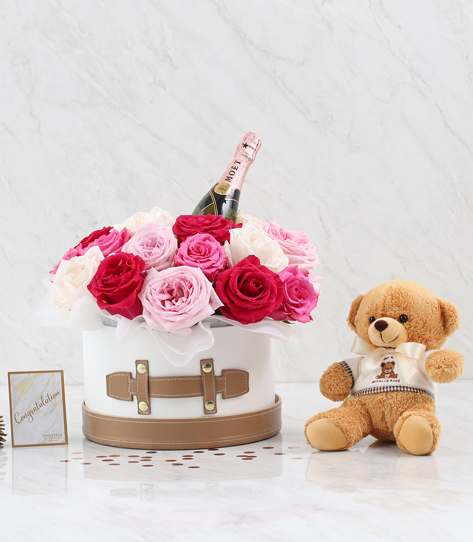 Combo Set ( Moët Mini with Pink Flowers And Teddy Bear)
