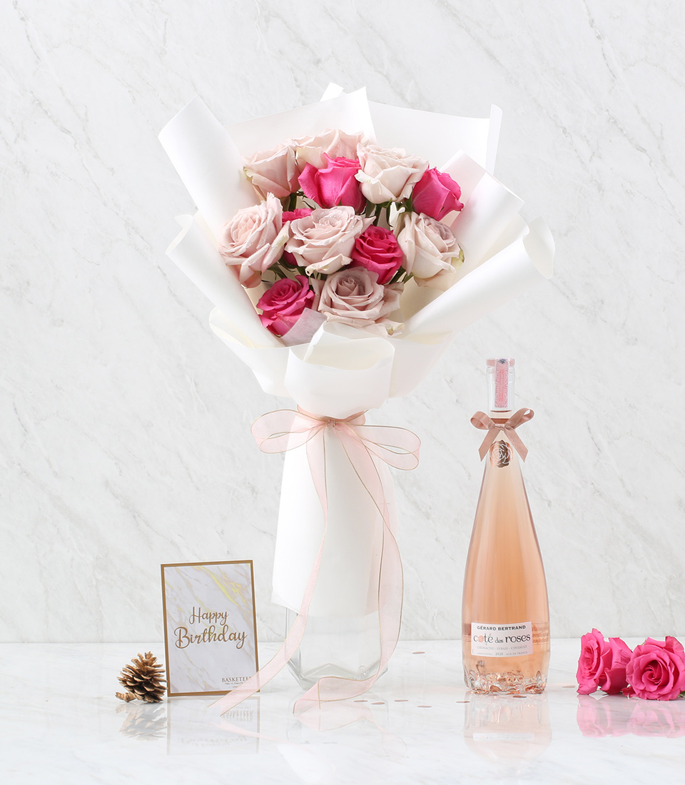 Valentine's Sweet Pink Rose Bouquet With Wine