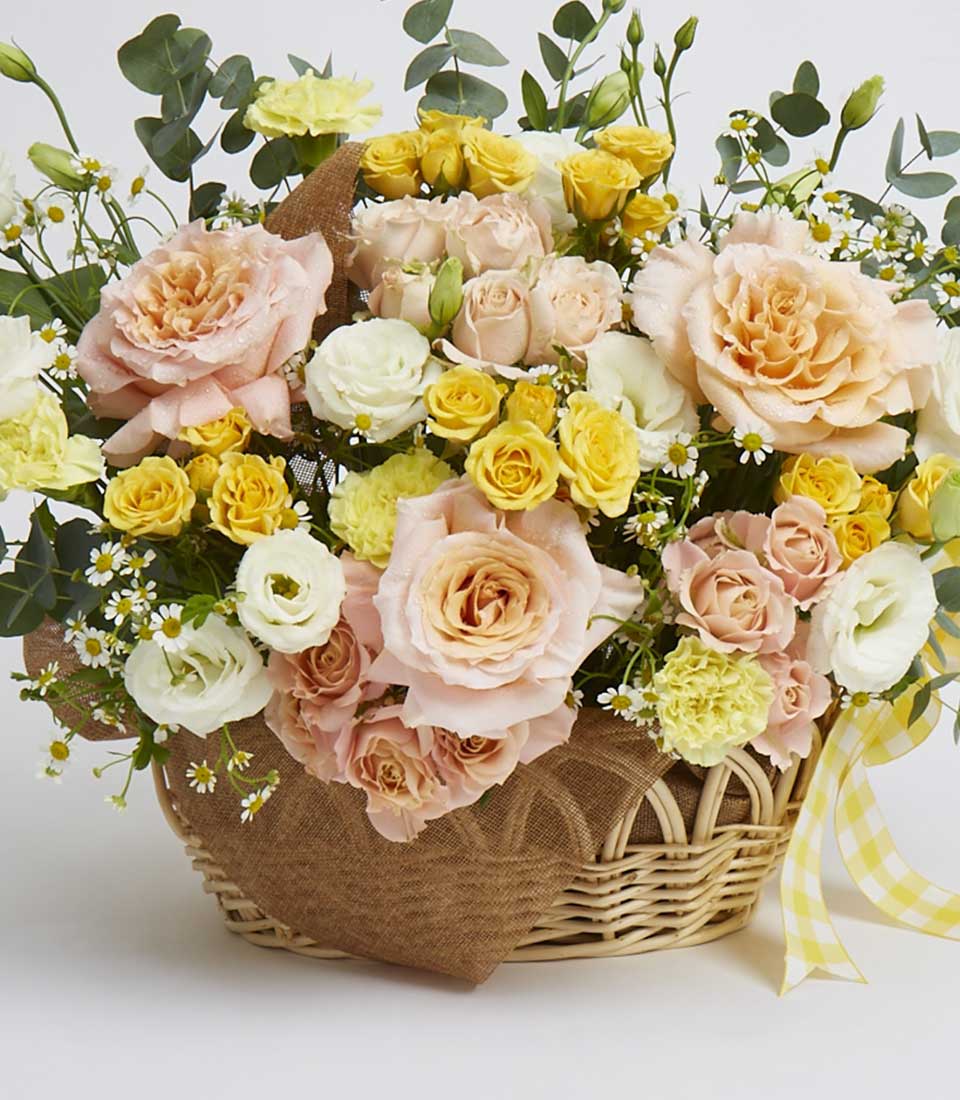 A luxurious wicker basket brimming with an enchanting arrangement of soft peach roses, delicate white and yellow lisianthus, radiant yellow spray roses, and charming small daisies, interwoven with lush eucalyptus leaves. The ensemble is elegantly accented by a sophisticated yellow and white gingham ribbon tied tastefully to the side. A beautiful Basketeer ribbon graces the scene, highlighting the exquisite craftsmanship synonymous with the brand.