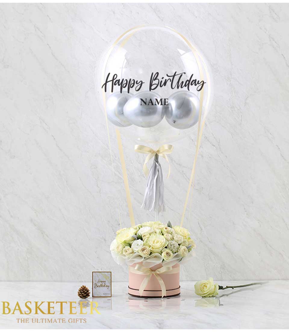 Discover our elegant White Balloon Love Combo with White Roses Gift Box, a beautiful expression of love and affection perfect for any occasion.