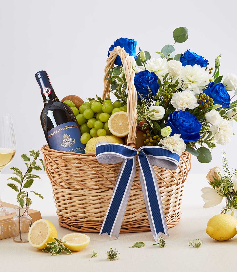 Castello Di Bibbione Riserva 2018 Wine With Fresh Fruit And Bright Flowers Gift Basket