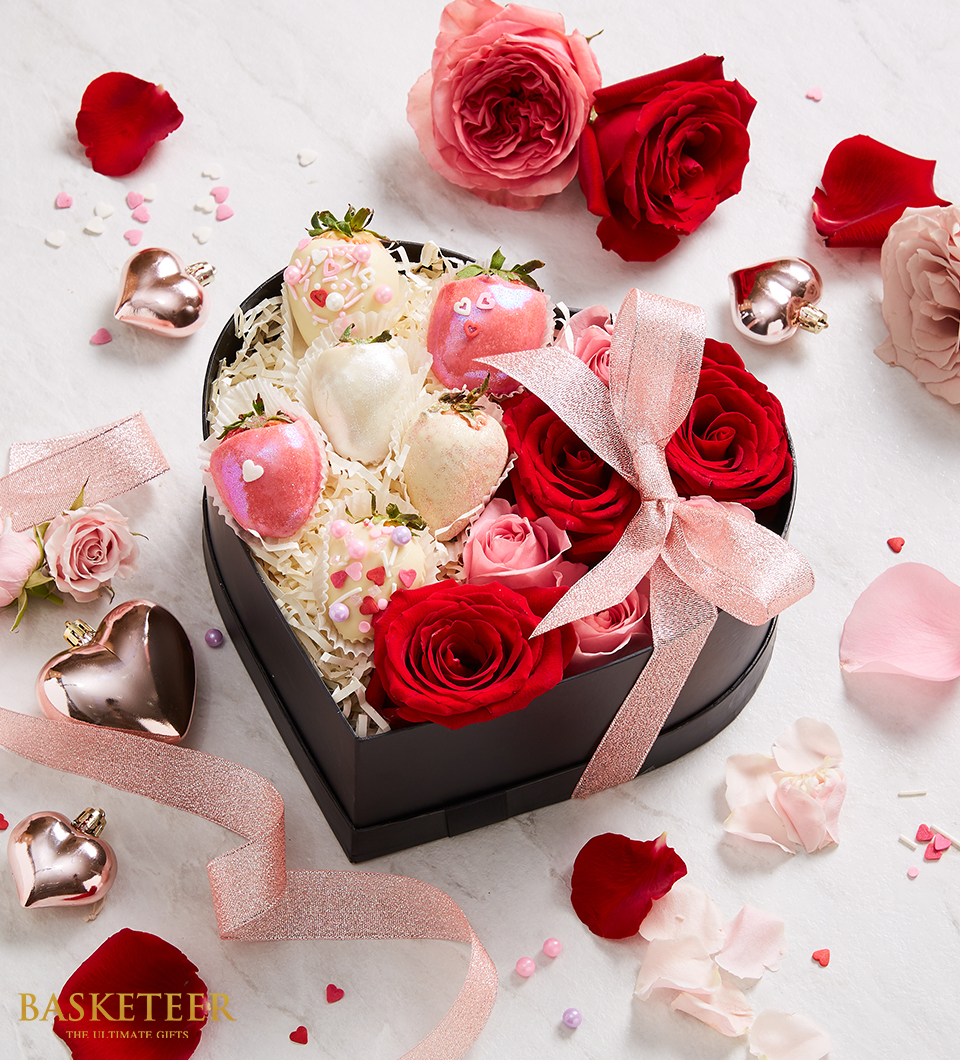 Valentine's Sweet Red Roses With Chocolate covered Strawberry In The Heart Box.