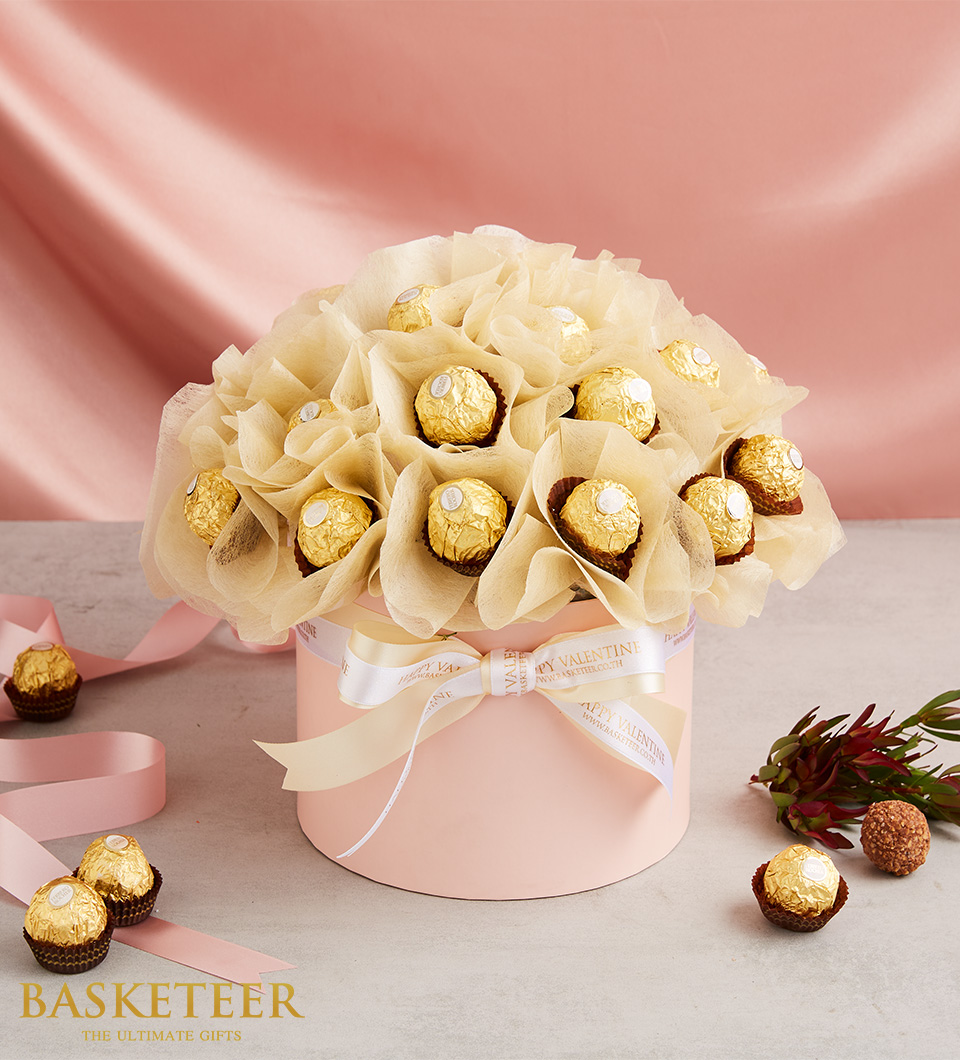 Chocolate bouquet in a sweet pink gift box.