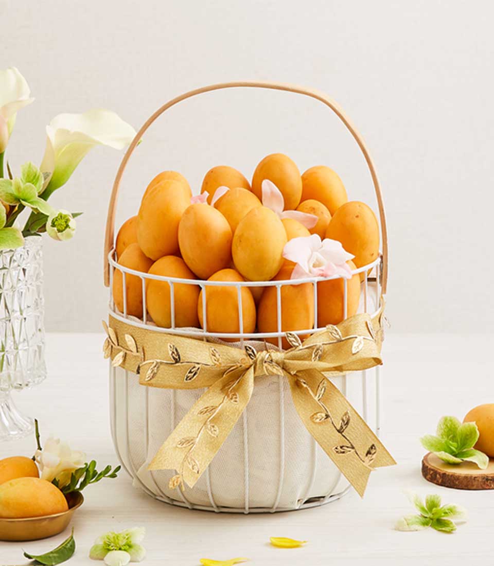 A white wire basket filled with ripe, yellow-orange apricots and classic Marian plums sits on a light surface. The basket is adorned with a gold ribbon and surrounded by small green leaves and white flowers, creating a fresh and elegant display.