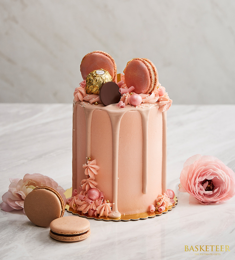 Mini Cake Pink Nude Frosting Nude Drips Macarons Chocolate Sweet.