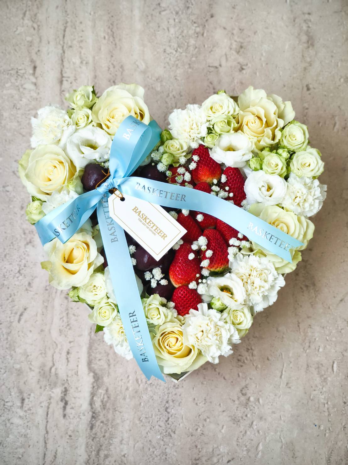 Heart-Shaped White Roses & Strawberry Box