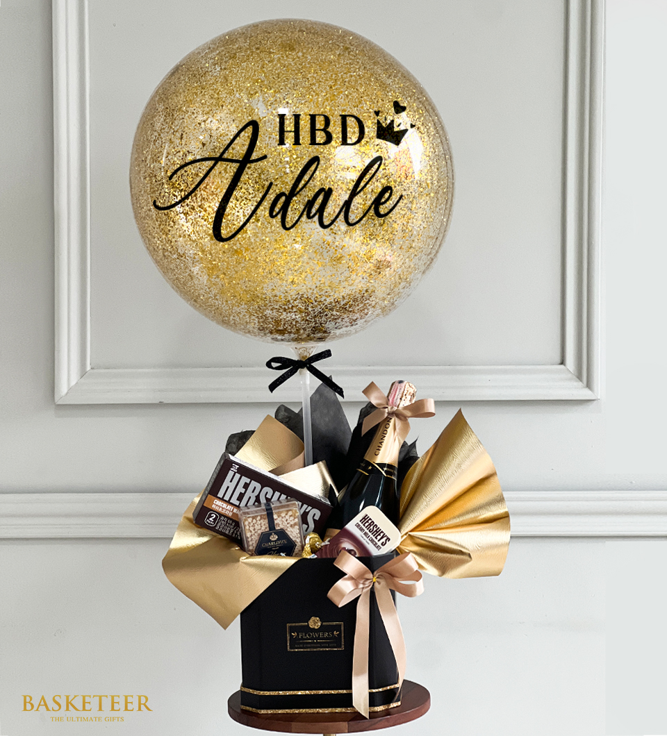 Sparkling Wine Gift with Chocolate and golden balloon