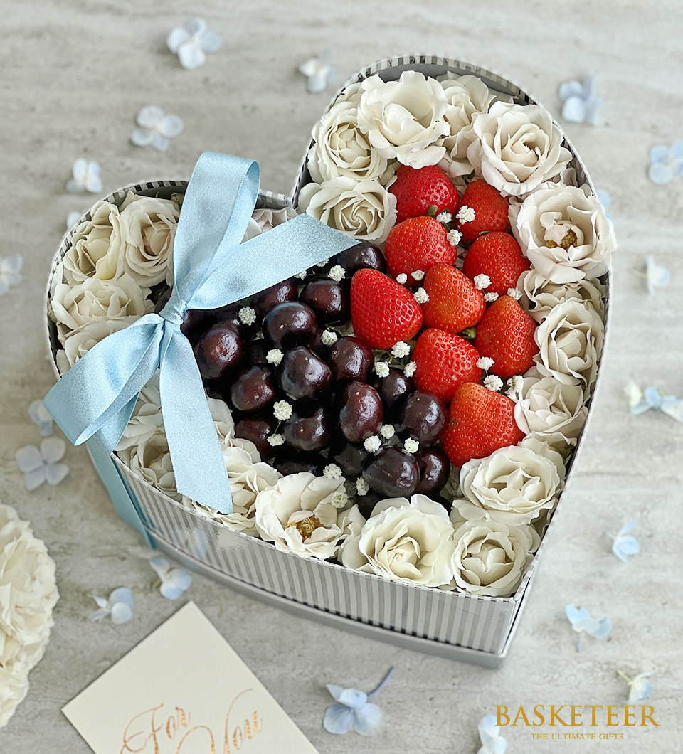 Valentine's Day Heart Box In White Rose With Strawberry and Cherry With a Soft Blue.