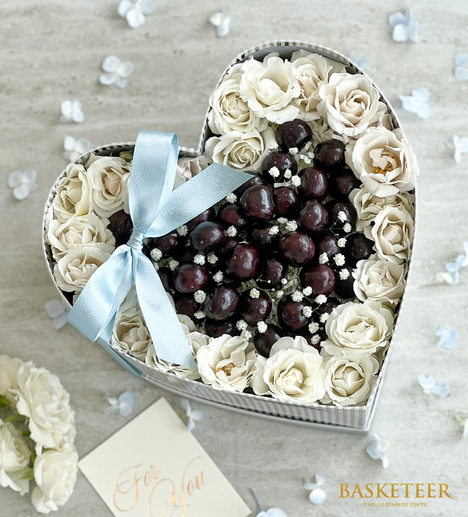 Valentine's Day Heart Box In White Rose With Cherries With a Soft Blue.