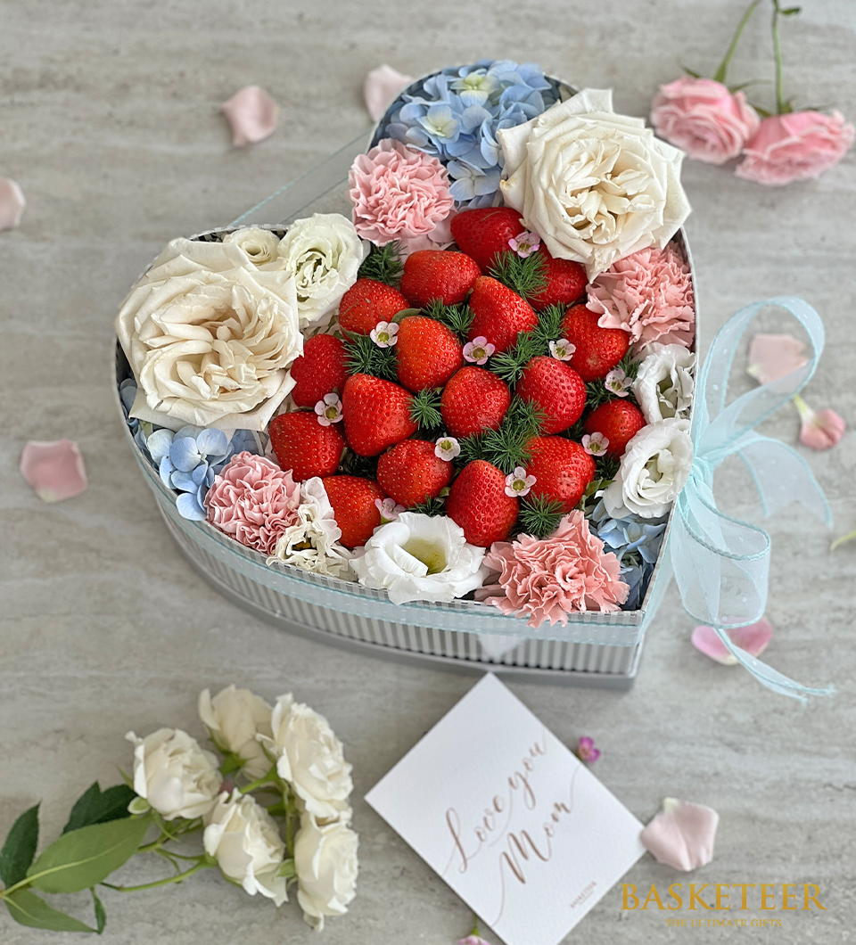 Valentine's Day Heart Box In White Playa Roses With Strawberries With a Soft Blue.