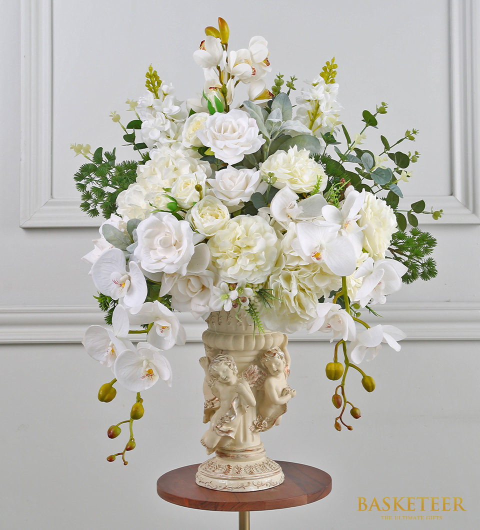 Artificial Flowers In Vase White Tone