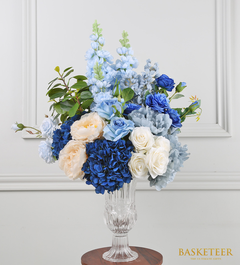 fake flowers, artificial flowers, artificial flowers in vase, Artificial Flower In Vase Blue Tone.
