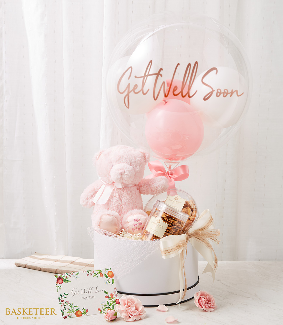 Soft Pink Teddy Bear And Cookies In The White Box With Get Well Soon Balloon