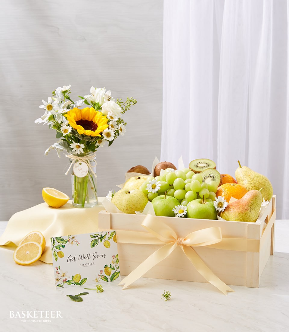 Harvest Bloom Duo: Fresh Fruits with Sunflower Vase