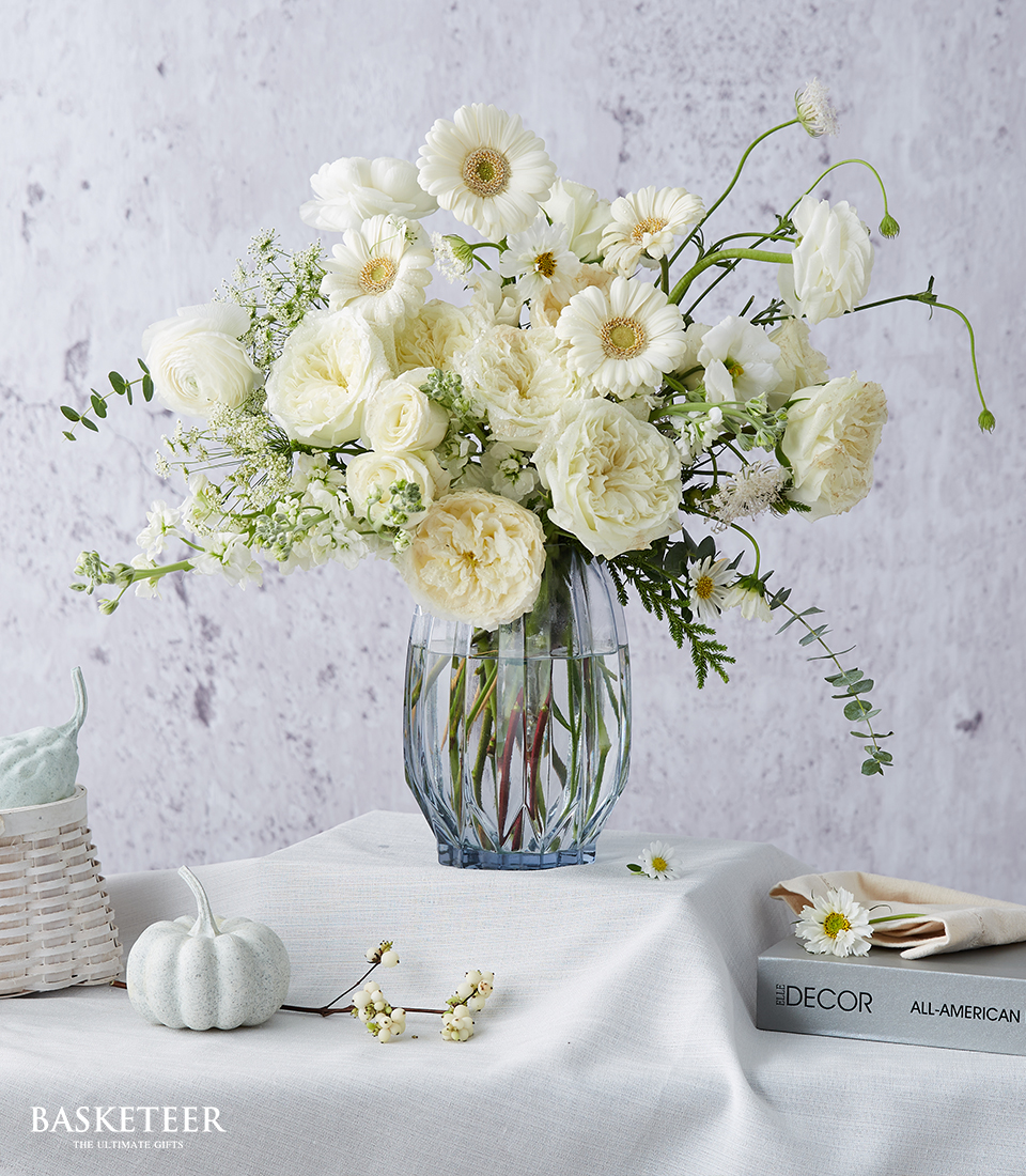 Blooming White Roses In a Vase, English style
