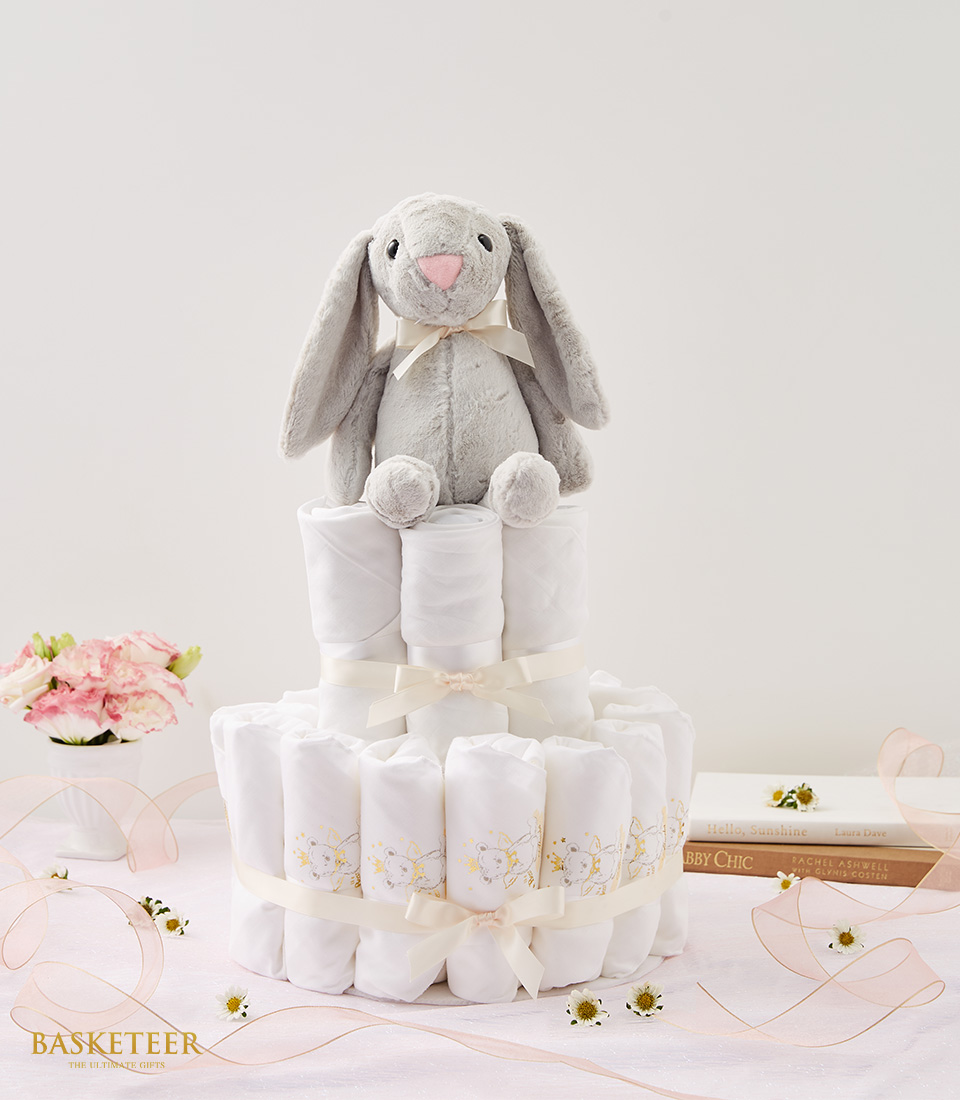 Gray Teddy Rabbit With Cake Diaper  Baby Gift Set