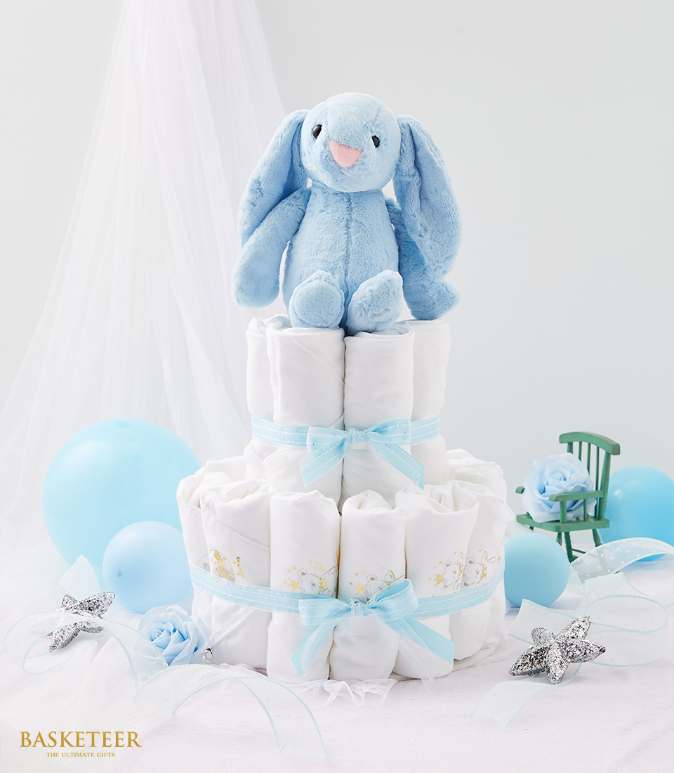 Newborn Baby Diaper Cake With Teddy Rabbit Blue Gift Set