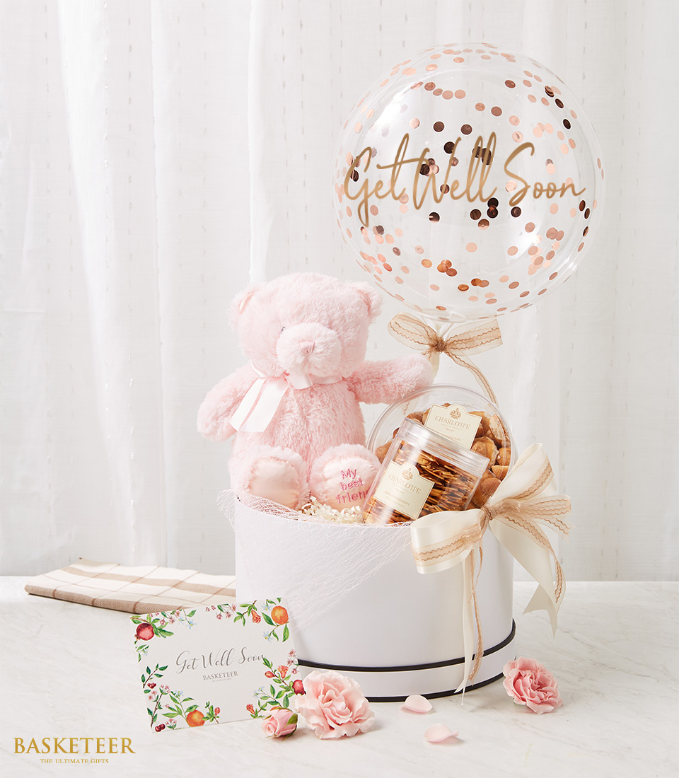 Sweet Pink Teddy Bear And Mixed Cookies In The White Box With Get Well Soon Polka Dot Balloon